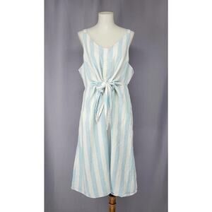Saks Fifth Avenue Dress Womens XL Blue White Linen Striped Tie Front Summer Midi